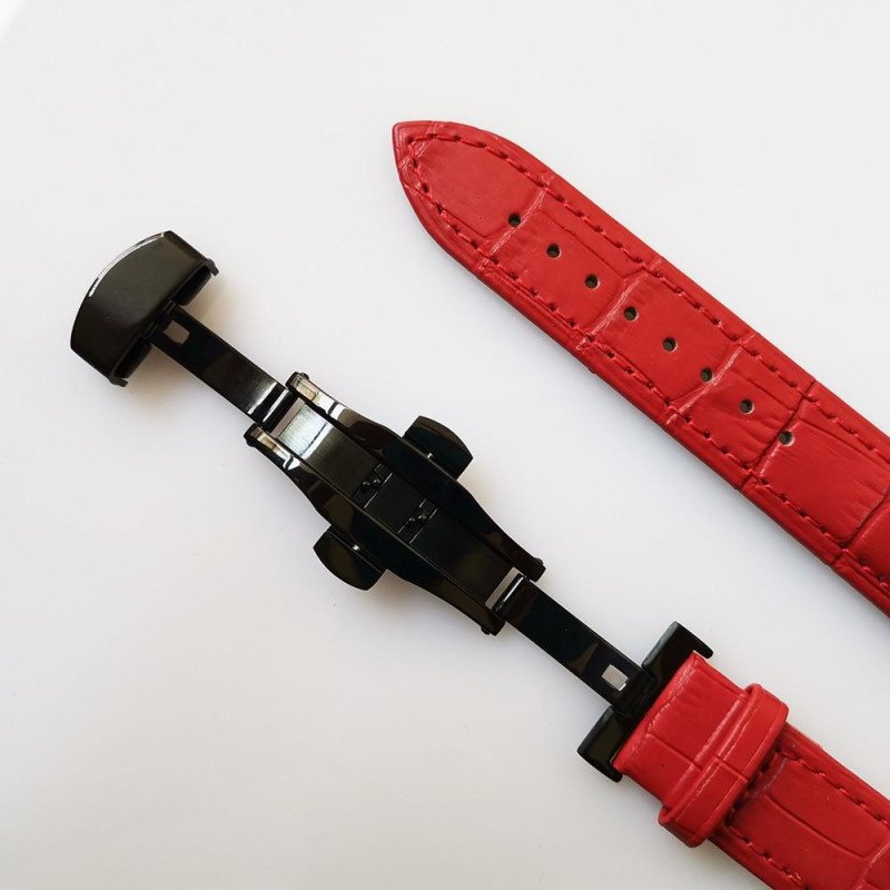 Змінна шкіряна ремінка 24 мм с застібкою "бабочка" Червоний застібка чорна