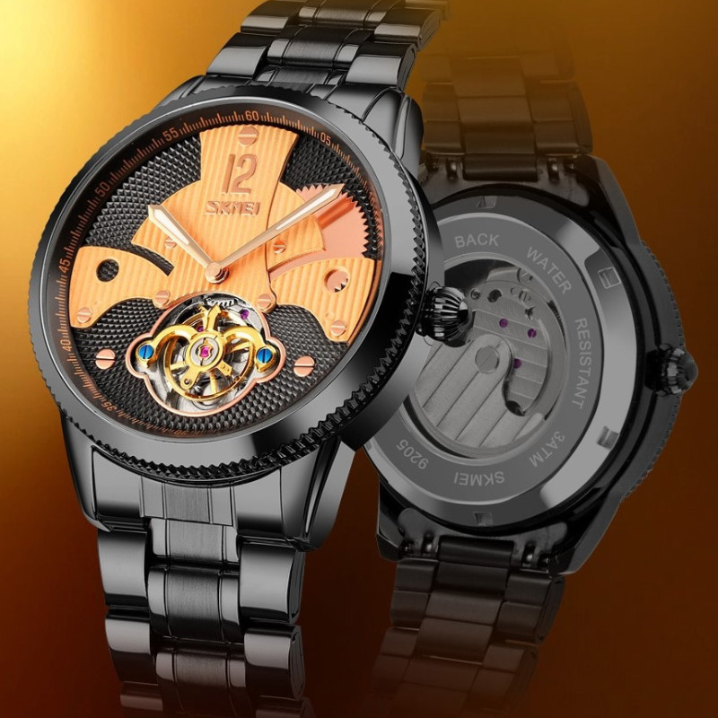 Чоловічий механічний годинник скелетон Skmei 9205. Чорні
