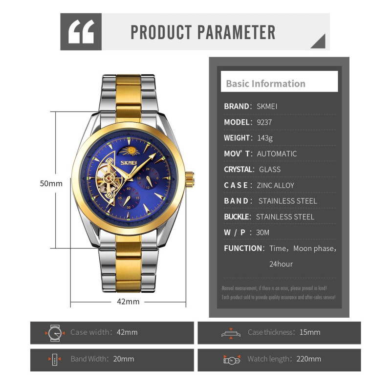 Чоловічий механічний годинник скелетон Skmei 9237. Срібло з золотом