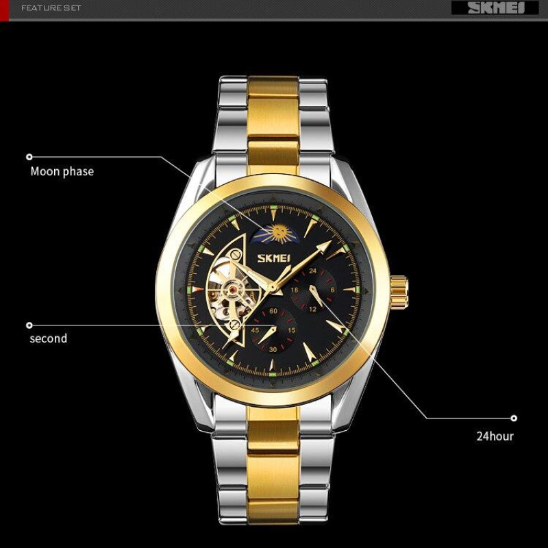 Чоловічий механічний годинник скелетон Skmei 9237. Срібло з золотом