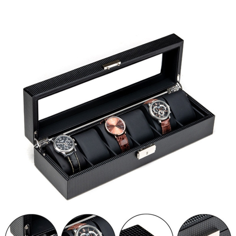 Скринька для зберігання годинників, на 6 відділень, карбон. З ключем