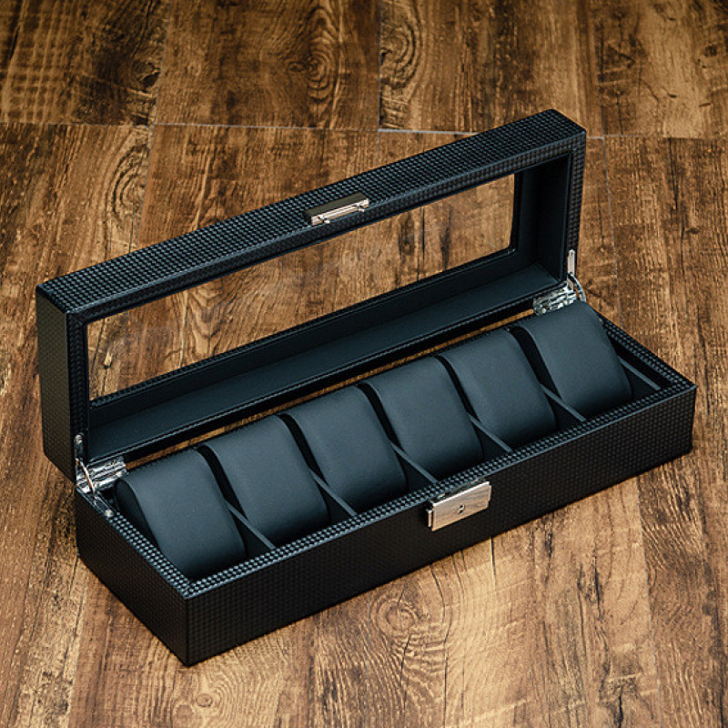 Скринька для зберігання годинників, на 6 відділень, карбон. З ключем