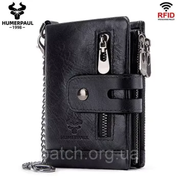 Чоловічий шкіряний гаманець із натуральної шкіри (Волов'я шкіра) з Rfid-захистом. Портмоне зі шкіри Чорний