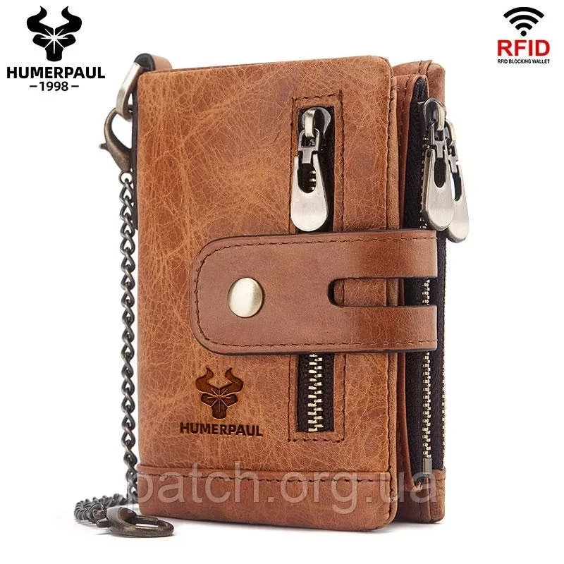 Чоловічий шкіряний гаманець із натуральної шкіри (Волов'я шкіра) з Rfid-захистом. Портмоне зі шкіри Світло-коричневий