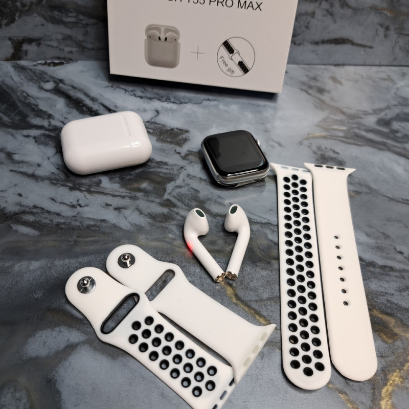 Смарт годинник T55 PRO MAX з двома ремінцями + бездротові навушники. Білий