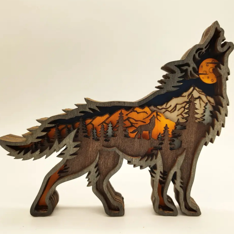 Декоративна дерев'яна іграшка-пазл 3D  "Вовк" з гірляндою