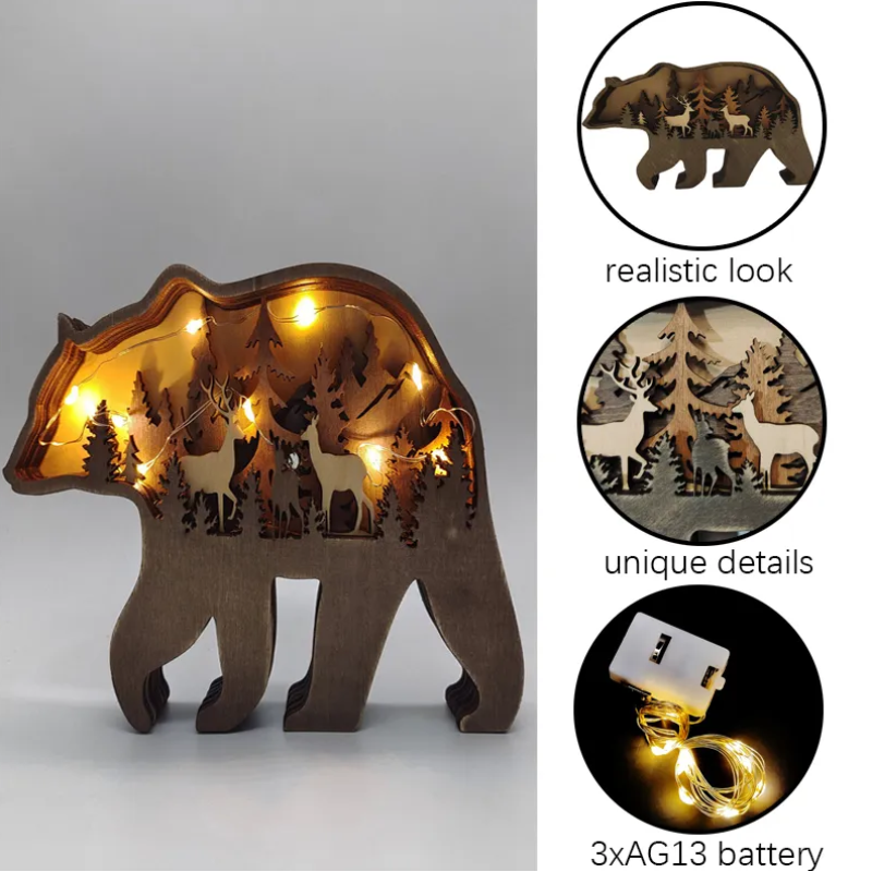 Декоративна дерев'яна іграшка-пазл 3D  "Ведмідь" з гірляндою