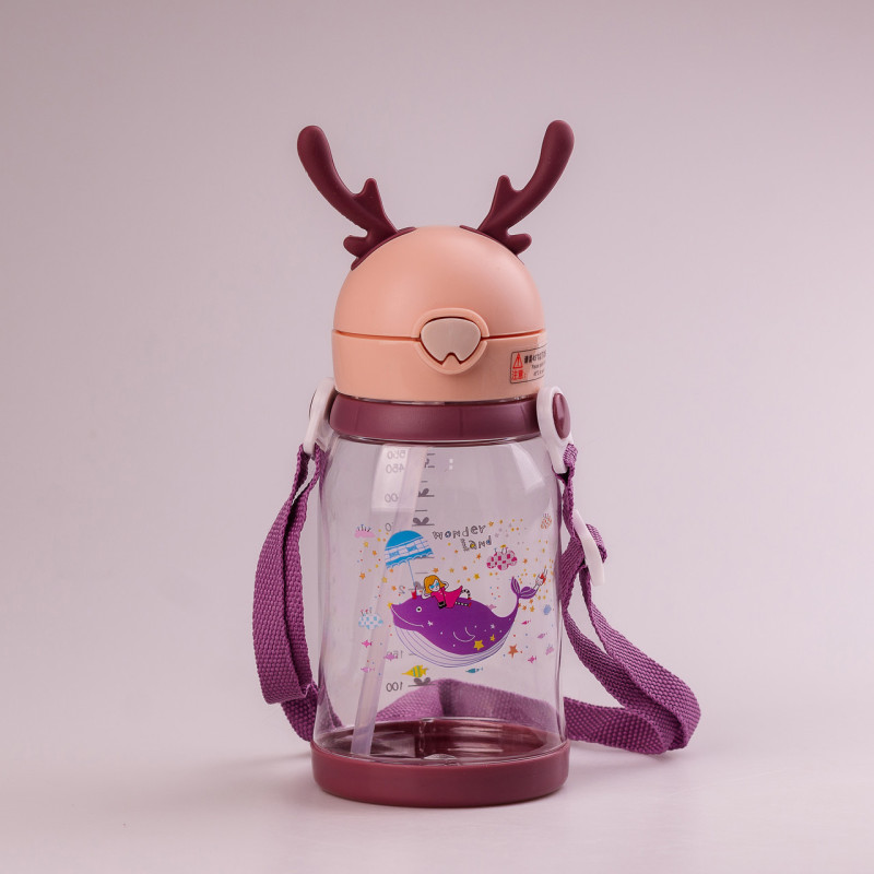 Пляшка для води з трубочкою 550 мл фляга прозора для напоїв з дозатором та ремінцем Рожевий