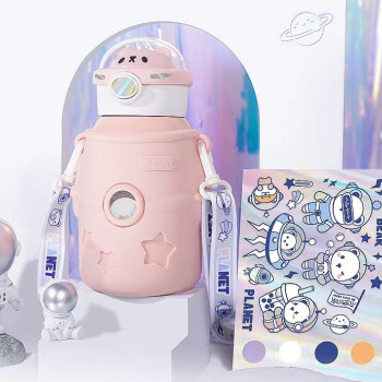 Термос дитячий з трубочкою та ремінцем 500 мл з нержавіючої сталі Персиковий