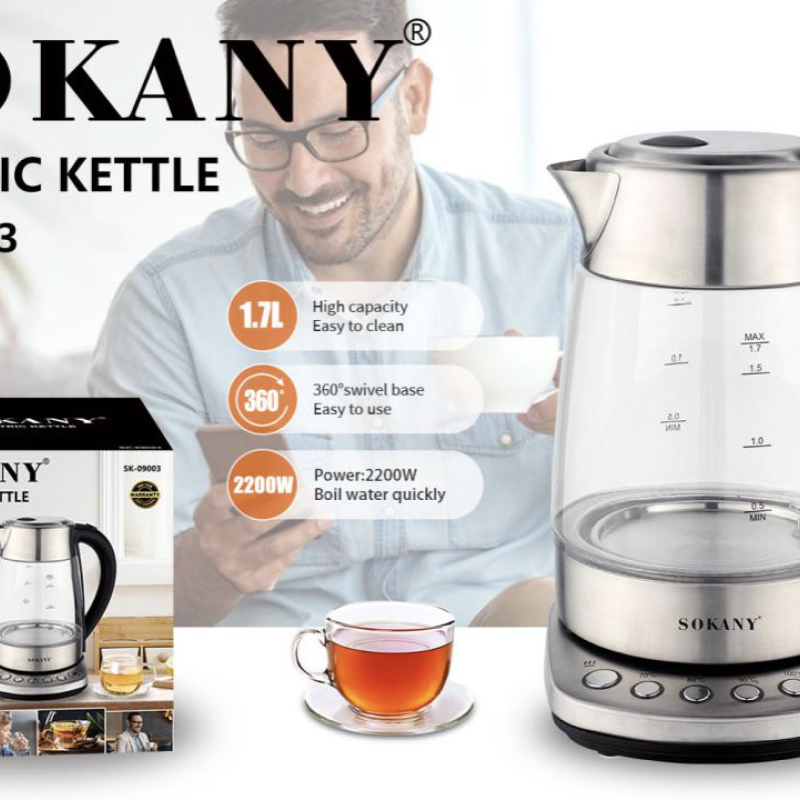Електрочайник скляний з підсвічуванням 1.7 л 2200 Вт Sokany