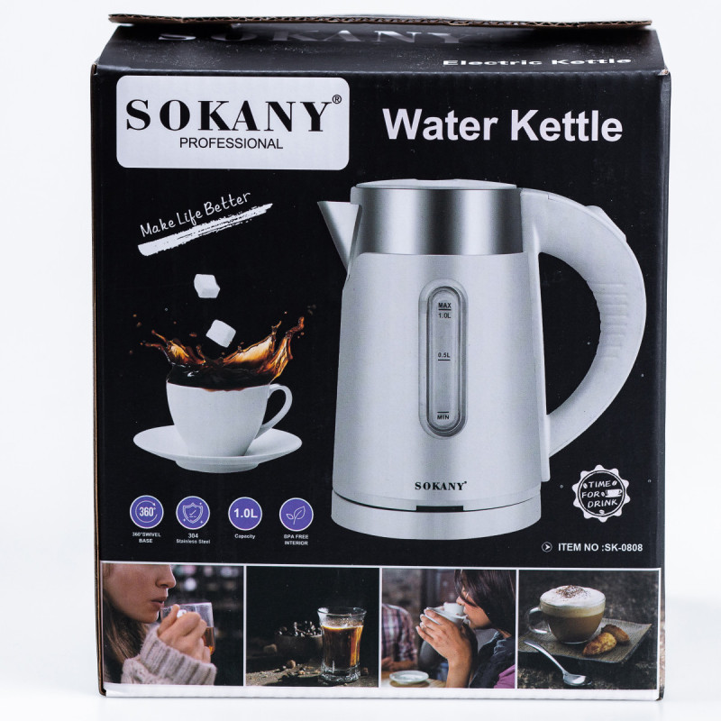 Електрочайник на 1 л Sokany Water Kettle з автоматичним відключенням 1200 Вт чайник нержавейка Білий
