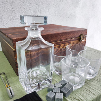 Подарунковий набір для віскі. Графин, келих, каміння для охолодження. У дерев'яній коробці. Набір №4
