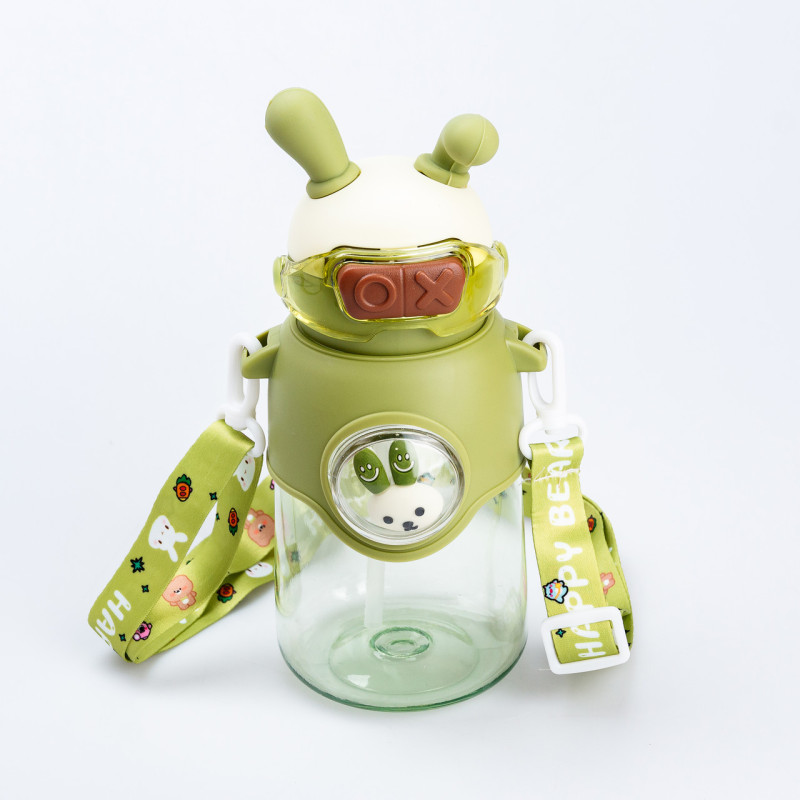 Дитяча пляшка для води з трубочкою з ремінцем зелена пляшечка для води