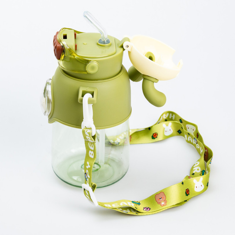 Дитяча пляшка для води з трубочкою з ремінцем зелена пляшечка для води
