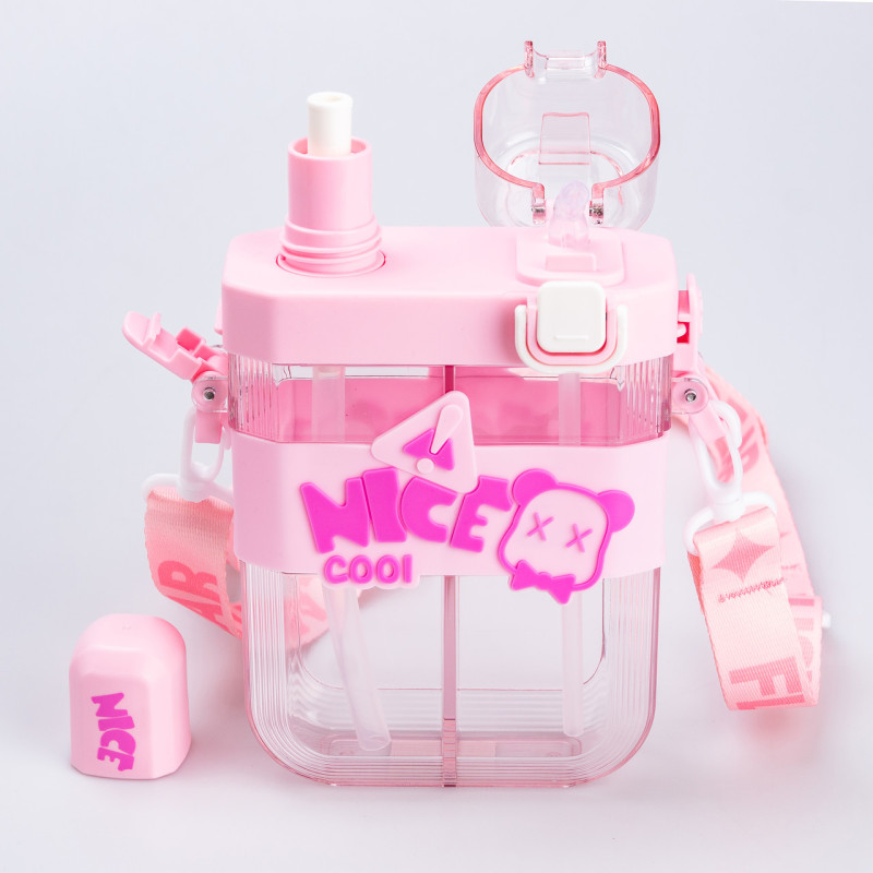 Пляшка для води з трубочкою багаторазова пластикова з ремінцем рожева пляшечка для води