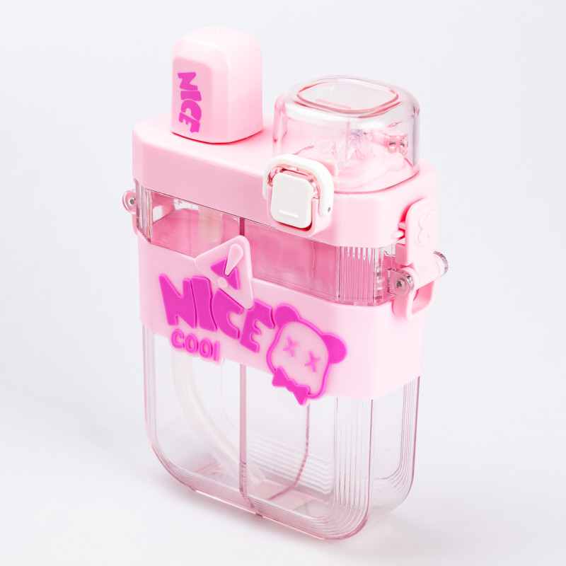 Пляшка для води з трубочкою багаторазова пластикова з ремінцем рожева пляшечка для води